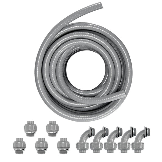 12.7 mm Flexible Electrical Conduit, 30.5 m, PVC Liquid-Tight Conduit Non-Metallic with 5 Straight and 5 90-Degree Conduit Connector Fittings, for Air Conditioning Motor Controller Pump, IP65