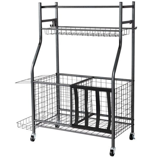 Sports Equipment Garage Organizer, Rolling Ball Storage Cart on Wheels, Basketball Rack with Baskets & Hooks, Indoor/Outdoor Sports Gear and Toys Storage, Steel Sports Equipment Organizer, Black
