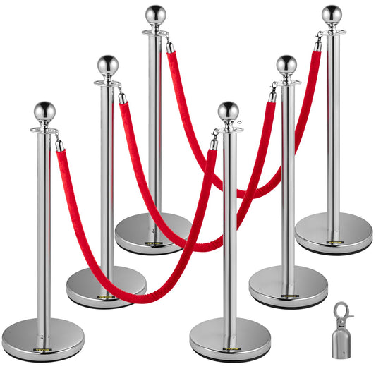 6PC Red Rope Stanchion Silver Post Crowd Control Barrier
