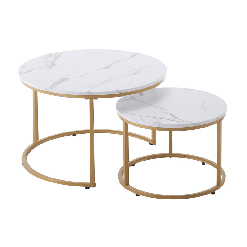 Nesting Coffee Table Set 2 700mm Round White Gold Metal Frame Living Room