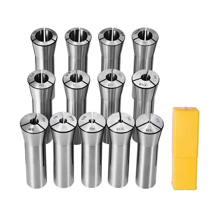 13 pcs Precision R8 Collet Set, 1/8'' - 7/8'', 45# Mill Collet Chuck 0.0012