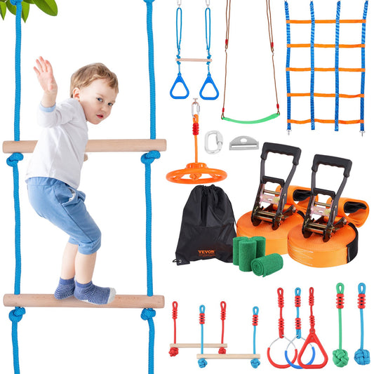 Ninja Warrior Obstacle Course for Kids, 2 x 19.8m Weatherproof Slacklines, 500lbs Weight Capacity Monkey Line, Outdoor Playset Equipment, Backyard Toys Training Equipment Set with 12 Obstacles