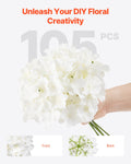 Artificial Flowers 105pc White Silk Hydrangea Fake Stems Bulk DIY