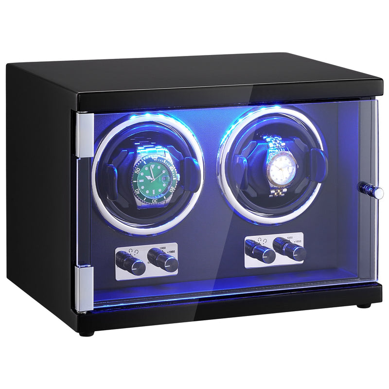 Dual Watch Winder Automatic 2 Motors Blue LED Black PU