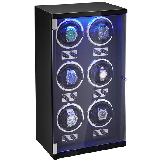 Watch Winder 6 Watches Automatic Japanese Motor LED Black PU