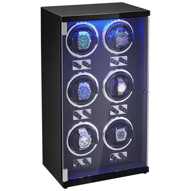 Watch Winder 6 Watches Automatic Japanese Motor LED Black PU