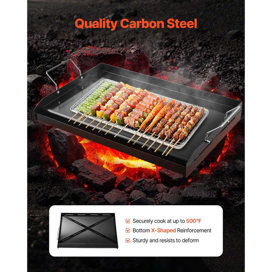 Carbon Steel Griddle, 24x16 inch Universal Flat Top Rectangular Plate, Gas Grill Griddle for BBQ Grill, Teppanyaki, Portable Family Cookware with Handle, for Camping Tailgating Party