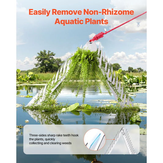 24in Aquatic Weed Rake, 3-Sided Lake Weed Rake with Handle, Portable and Foldable Pond Water Grass Razor, Stainless Steel Throwable Floating Pond Weeds Cutter with 30 ft Rope, for Lakes Ponds