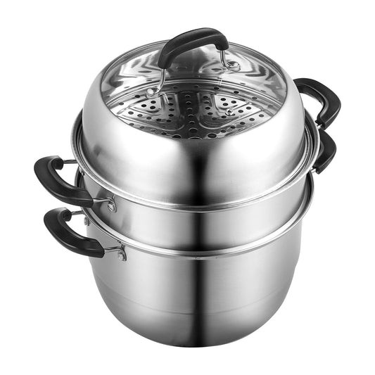 Steamer Pot 28cm 8.5QT Stainless Steel 3-Layer with 2 Grids Lid