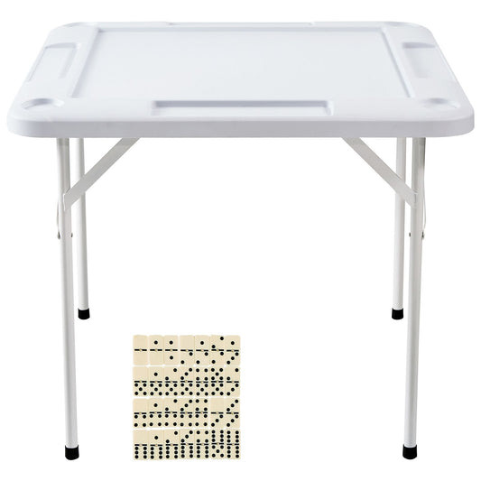 Mahjong Table, Square 4 Player Folding Card Table with 4 Cup Holders & 4 Chip Trays, Portable Domino Game Table with 1 Set of Dominoes for Mahjong Poker Puzzles, 90 x 90-inch, White