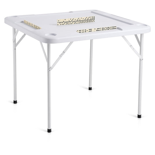 Mahjong Table, Square 4 Player Folding Card Table with 4 Cup Holders & 4 Chip Trays, Portable Domino Game Table with 1 Set of Dominoes for Mahjong Poker Puzzles, 90 x 90-inch, White