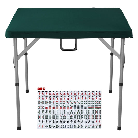 Mahjong Table with Mahjong Tiles Set, Fold-in-Half 4 Player Card Table with 144PCS Majiang Tiles and 3 Dice, Portable Bi-Folding Domino Table with Wear-Resistant Green Tabletop & Carrying Handle