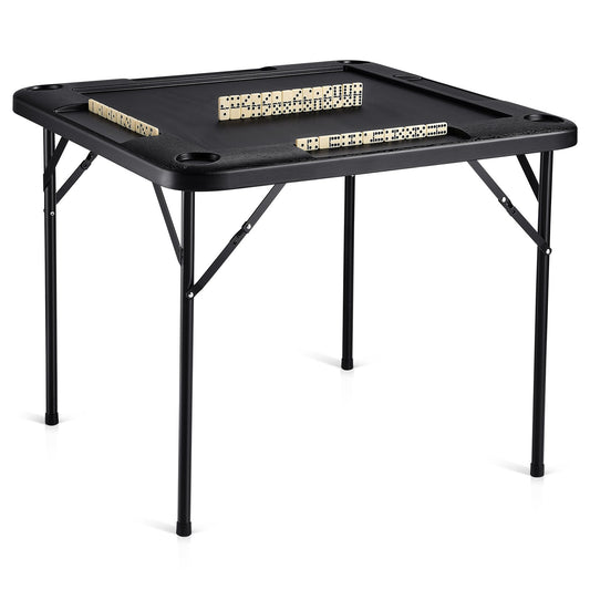 Mahjong Table, Square 4 Player Folding Card Table with 4 Cup Holders & 4 Chip Trays, Portable Domino Game Table with 1 Set of Dominoes for Mahjong Poke Puzzles, 90 x 90-inch, Black