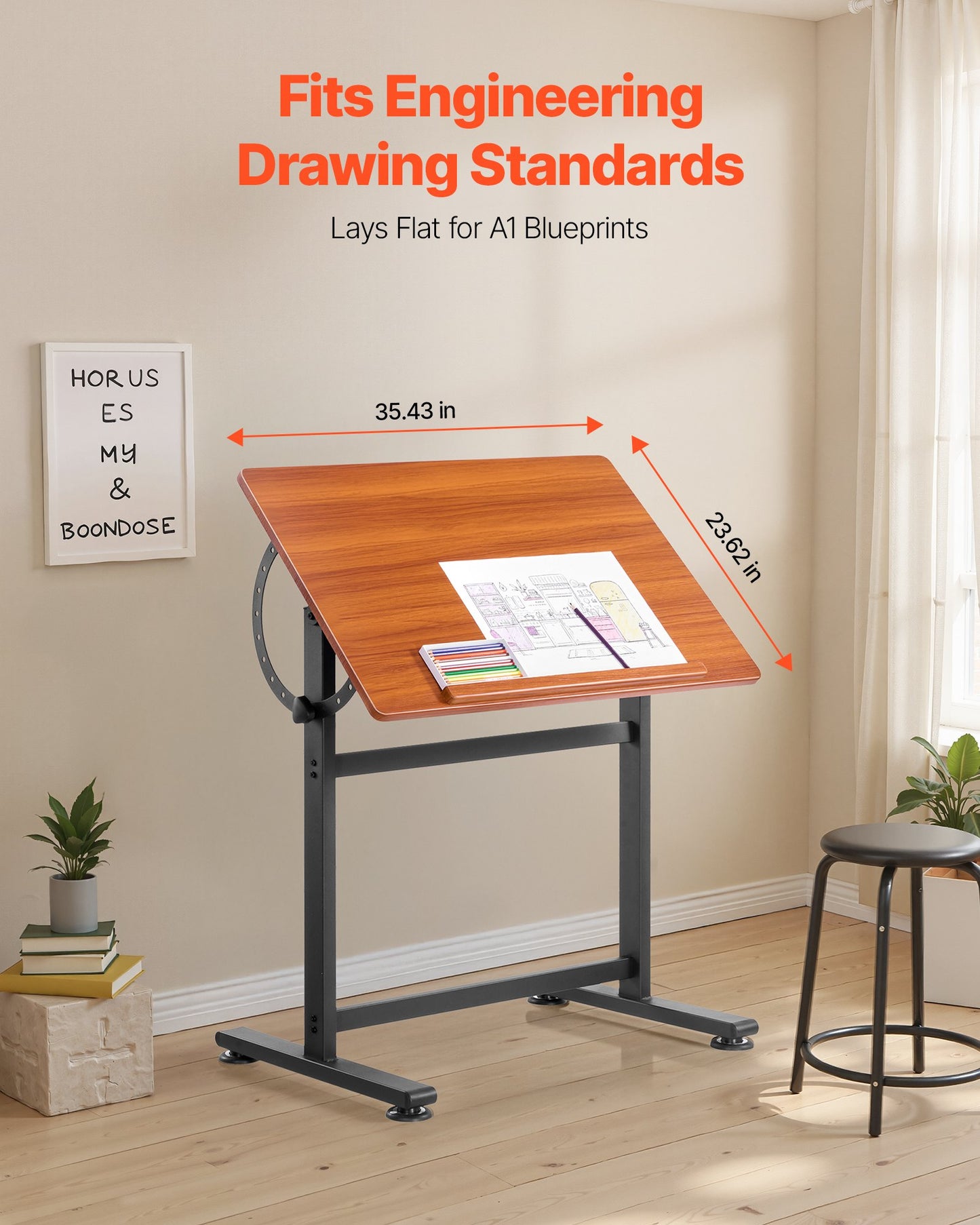 VEVOR Drafting Table Adjustable 0°–90° Tilt Wooden Drawing Desk with H-Frame