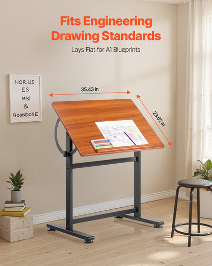 VEVOR Drafting Table Adjustable 0°–90° Tilt Wooden Drawing Desk with H-Frame