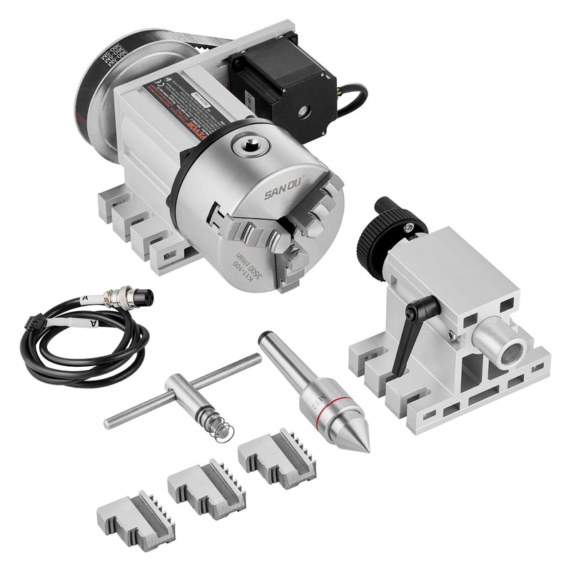 Dividing Head, K11-100mm 3-Jaw Chuck, CNC Router Milling Machine Rotational Axis 4th Axis A Axis Indexing Head, 65 mm Center Height MT2 Tailstock 6:1 Gear Ratio, Universal for Engraving