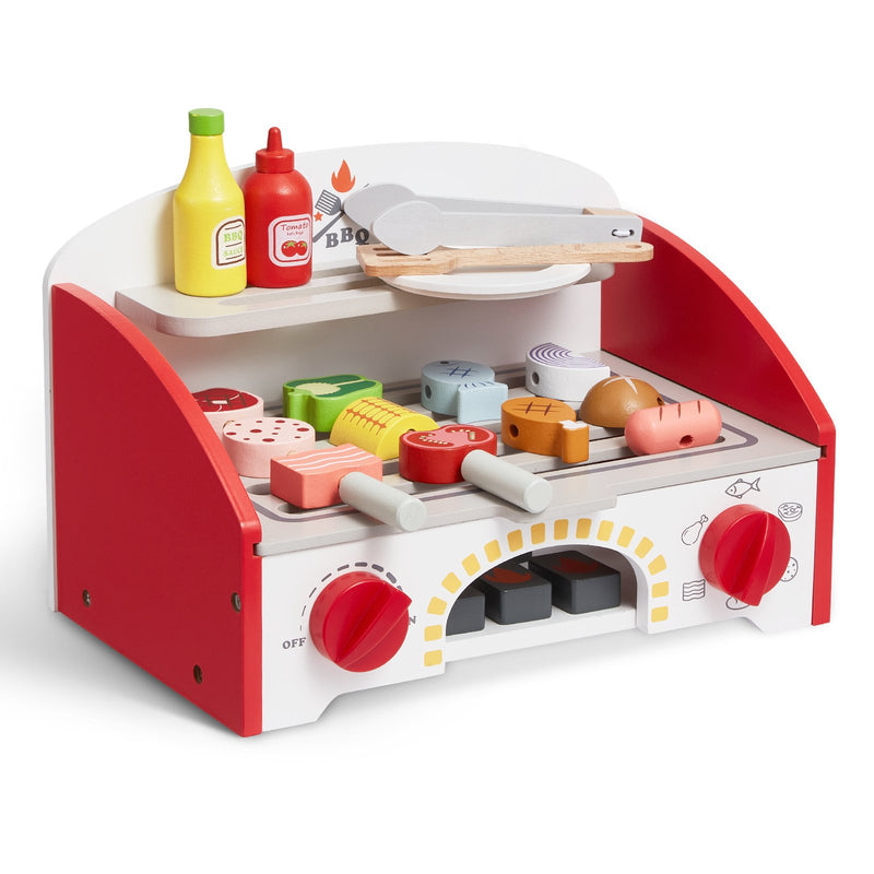 26pc Kids BBQ Grill Playset Wooden Cooking Toy Set Sound Effects