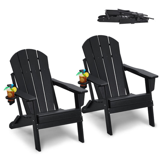 Adirondack Chair Set 2 Plastic Folding Black Cup Holder Outdoor