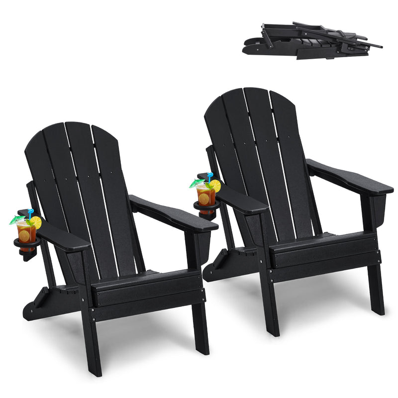 Adirondack Chair Set 2 Plastic Folding Black Cup Holder Outdoor
