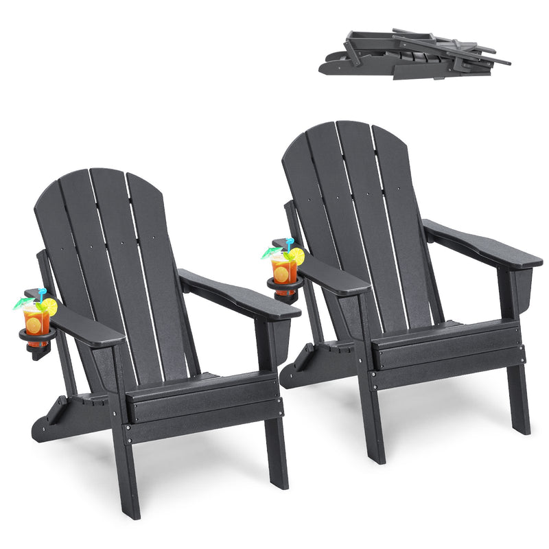 Adirondack Chair Set 2 Plastic Folding Grey Outdoor Patio Cup Holder