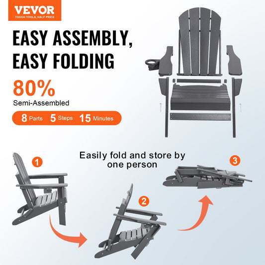 Adirondack Chair Plastic, Set of 2 All-Weather Portable Folding Fire Pit Chair, Outdoor Adirondack Patio Chair with Cup Holder, with Relaxing Arm Rest Ergonomic, for Garden, Backyard - Gray