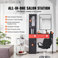 Salon Station, Wall Mount Barber Salon Station for Hair Stylist, Beauty Spa Furniture Set, 1 Storage Cabinet, 3 Cubbies and 2 Drawers(One Lockable), Black and Red