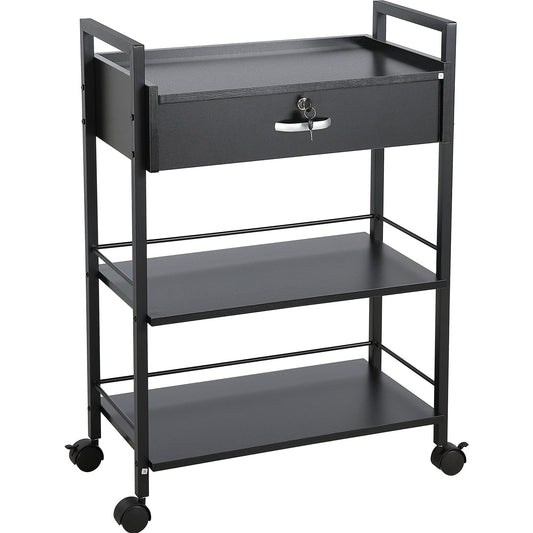Beauty Salon Trolley Cart, 3-Tier Hair Salon Stations Cabinet for Stylist with Lockable Drawer, MDF Rolling Storage Station with 4 Wheels (2 Lockable) for Beauty SPA Barbershop Tattoo