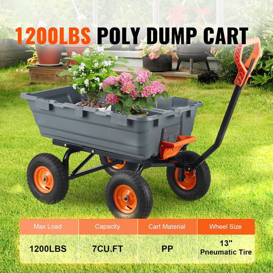 Dump Cart, Poly Garden Dump Cart with Easy to Assemble Steel Frame, Dump Wagon with 2-in-1 Convertible Handle, Utility Wheelbarrow 544kg/ 1200lbs Capacity, 33cm/ 13 inch Tires