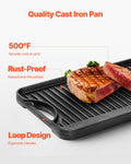 Cast Iron Reversible Grill Griddle 20x10 inch Portable Black