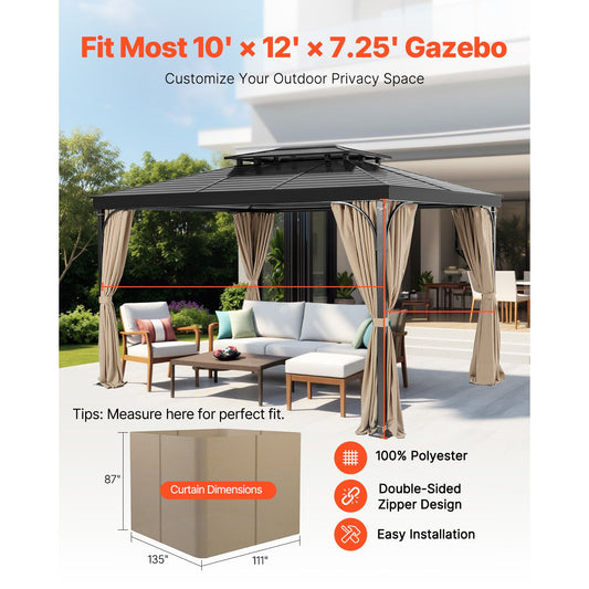 Gazebo Curtains Outdoor, 12' x 10' x 7.3' Gazebos, 4-Panel Sidewall Gazebo Privacy Curtains with Zippers, Outdoor Curtain Replacement for Patio Canopy, Only Curtain, Khaki