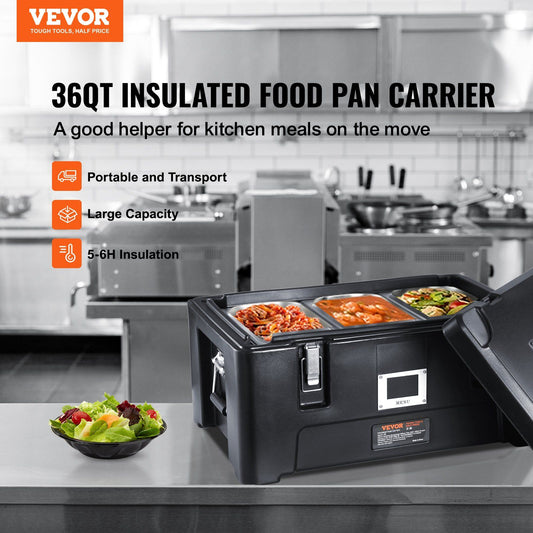 Insulated Food Carrier 36Qt with 3 Stainless Steel Pans Black