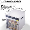 Food Dehydrator 10 Tray Stainless Steel 800W Jerky BPA-free Fruit