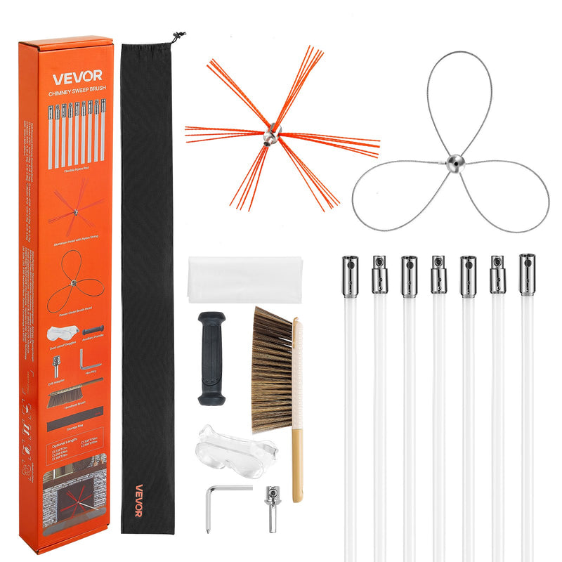 Chimney Sweep Kit 7m Extendable Brush Dual Heads Cleaner Goggles