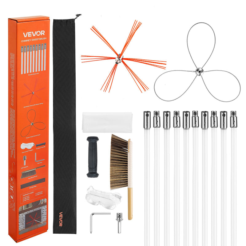 Chimney Sweep Kit 10m Extendable Brush Fireplace Cleaner Dual Heads