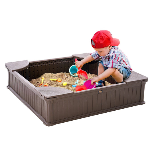 Sandbox with Cover 48.6x48.6x12.4in Square Sand Box HDPE Brown