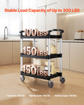 Utility Cart 3-Tier 300kg Load Capacity Swivel Wheels Brakes