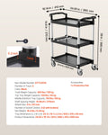 Utility Cart 3-Tier 300kg Load Capacity Swivel Wheels Brakes