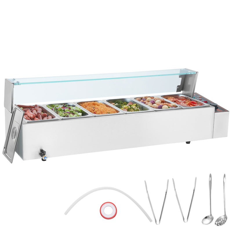 Commercial Electric Food Warmer 6x5Qt Buffet Glass Shield