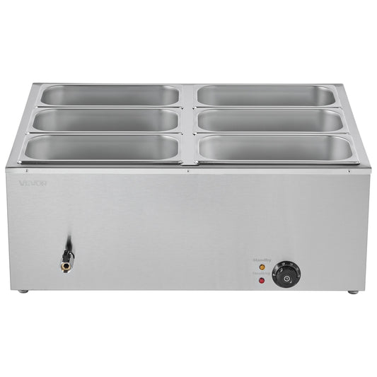 Commercial Food Warmer, 1500W Electric Stainless Steel Steam Food Warmer with Lid, 6-Pan Fast Heating Countertop Buffet Bain Marie with Soup & Perforated Ladles, for Catering, Restaurant, Party