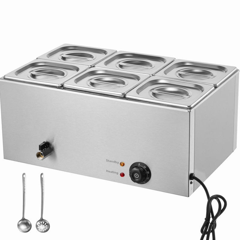 Commercial Food Warmer, 6-Pan Electric Steam Table, 1200W Professional Countertop Stainless Steel Buffet Bain Marie with 30-85°C Temp Control for Catering, Buffet, Parties, Restaurants