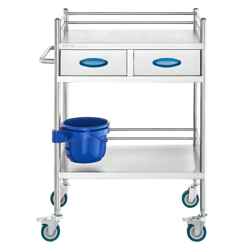 Stainless Steel 2 Layer Medical Utility Cart Lockable Wheels Drawers