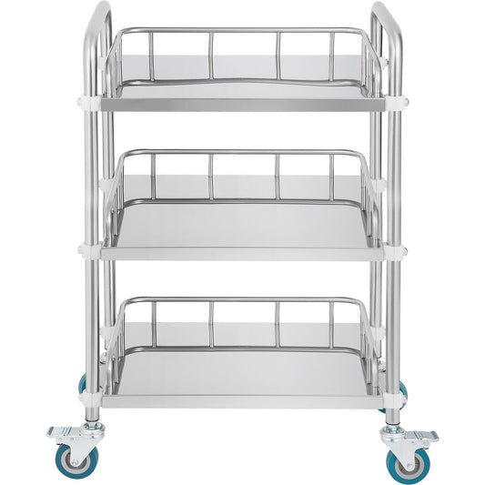 Lab Rolling Cart, 3-Shelf Stainless Steel Rolling Cart, Lab Serving Cart with Swivel Casters, Dental Utility Cart for Clinic, Lab, Hospital, Salon, 26.38"x15.55"x34.13"