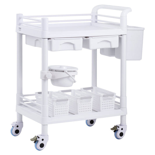 2 Tier Lab Cart Mobile Medical Trolley 2 Drawers White
