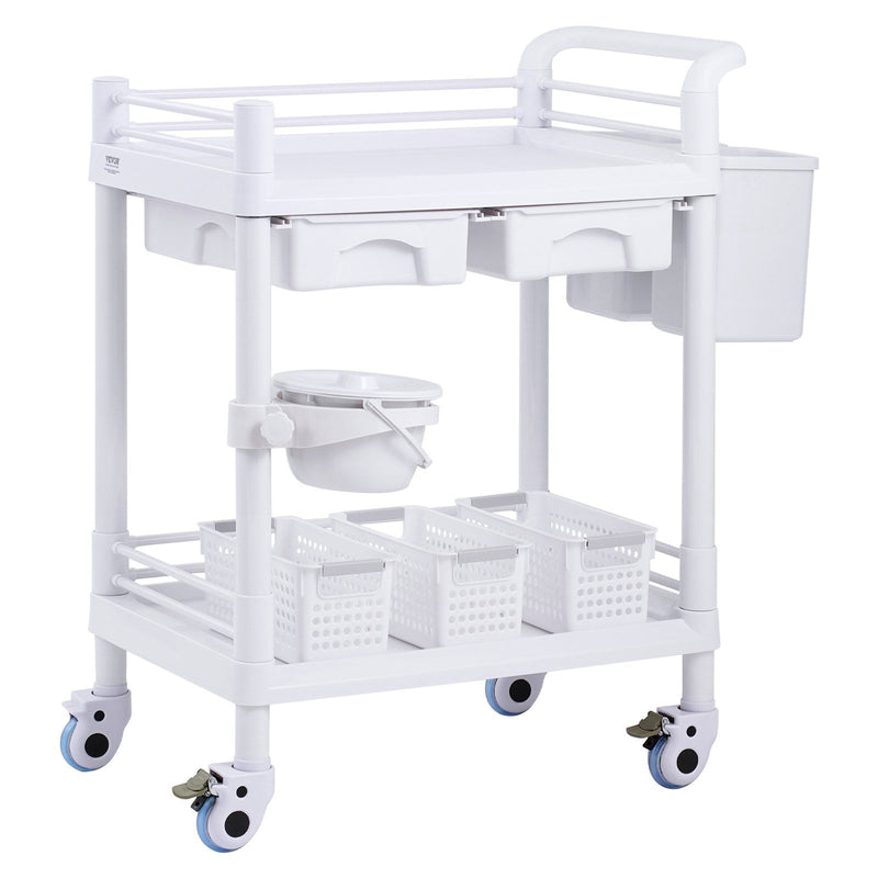2 Tier Lab Cart Mobile Medical Trolley 2 Drawers White