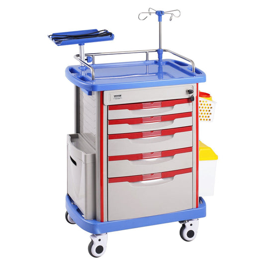 5 Tier Lab Cart 5 Drawers 4 Wheels Trash Cans Blue