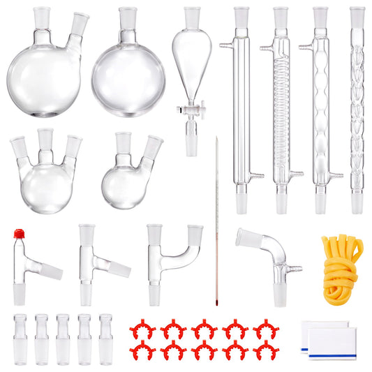 Lab Distillation Kit, 3.3 Boro Lab Glassware Distillation Kit with 24, 40 Joint, 1000ml Essential Oil Distillation Apparatus Kit, 32 pcs Set of Glassware Equipment