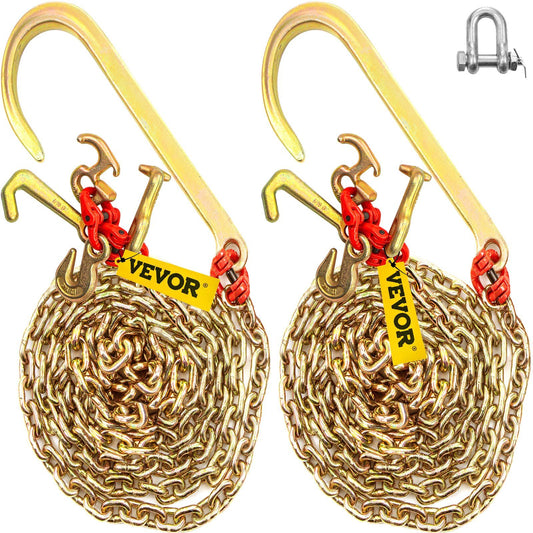 J Hook Chain, 2PCS 8 mm x 300 cm G80 Long Shank J Hook Tow Chain with RTJ Cluster Hook & Grab Hook, 2448 kg Working Load, Heavy Duty Transport Truck Chain for Wrecker Recovery Trailer Towing