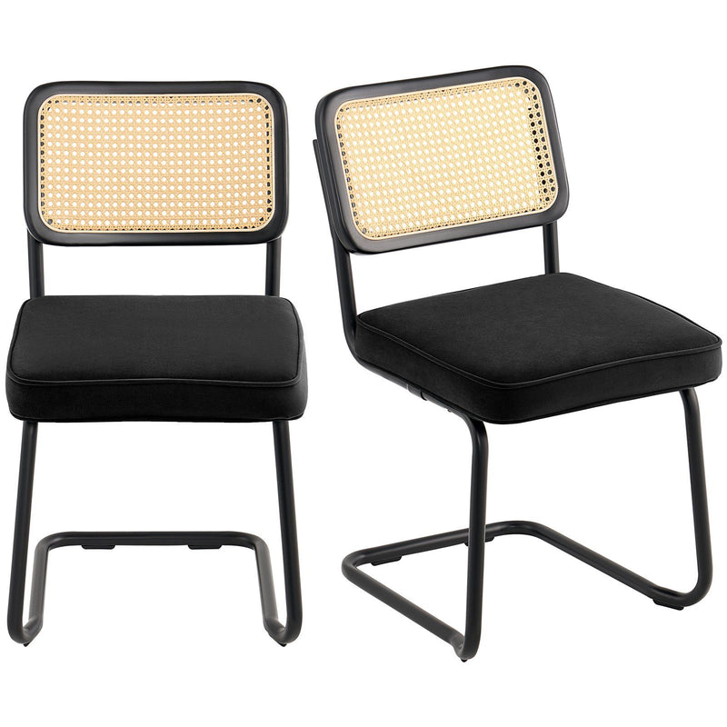 Rattan Dining Chair Set of 2 Black Velvet Upholstered