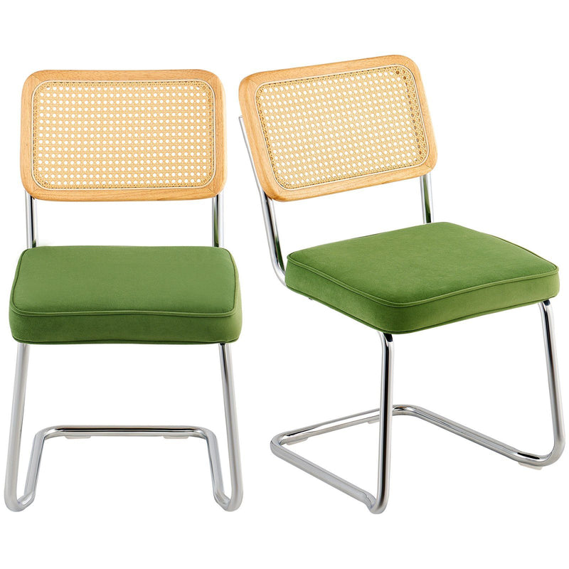 Rattan Dining Chairs Set of 2 Velvet Green Upholstered Kitchen