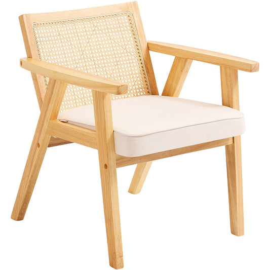 Rattan Dining Chair Armrest Upholstered Mid Century Beige